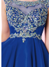 Royal Blue Chiffon Beaded Scoop Neckline V Back Knee Length Prom Dress